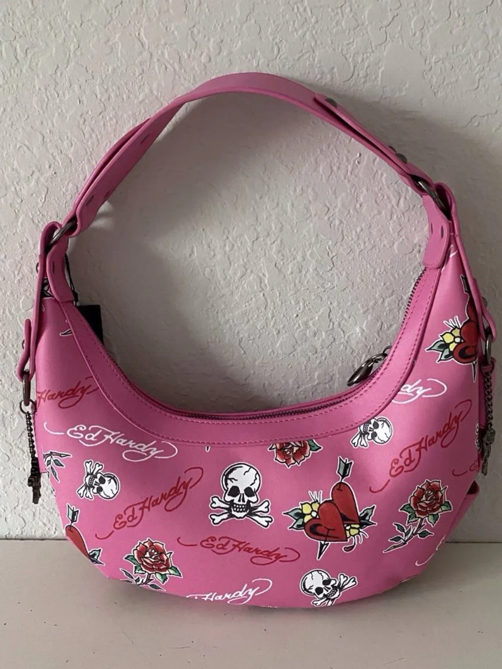 Ed Hardy Pink Hobo Shoulder Bag Studded Heart Rose Skull Cross Charms NEW‎